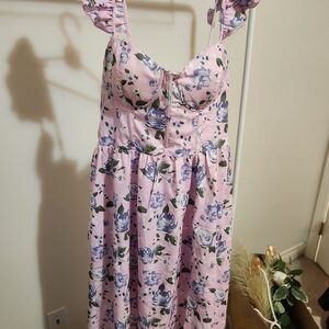 Elegant Floral Midi Dress in Pink and Purple
